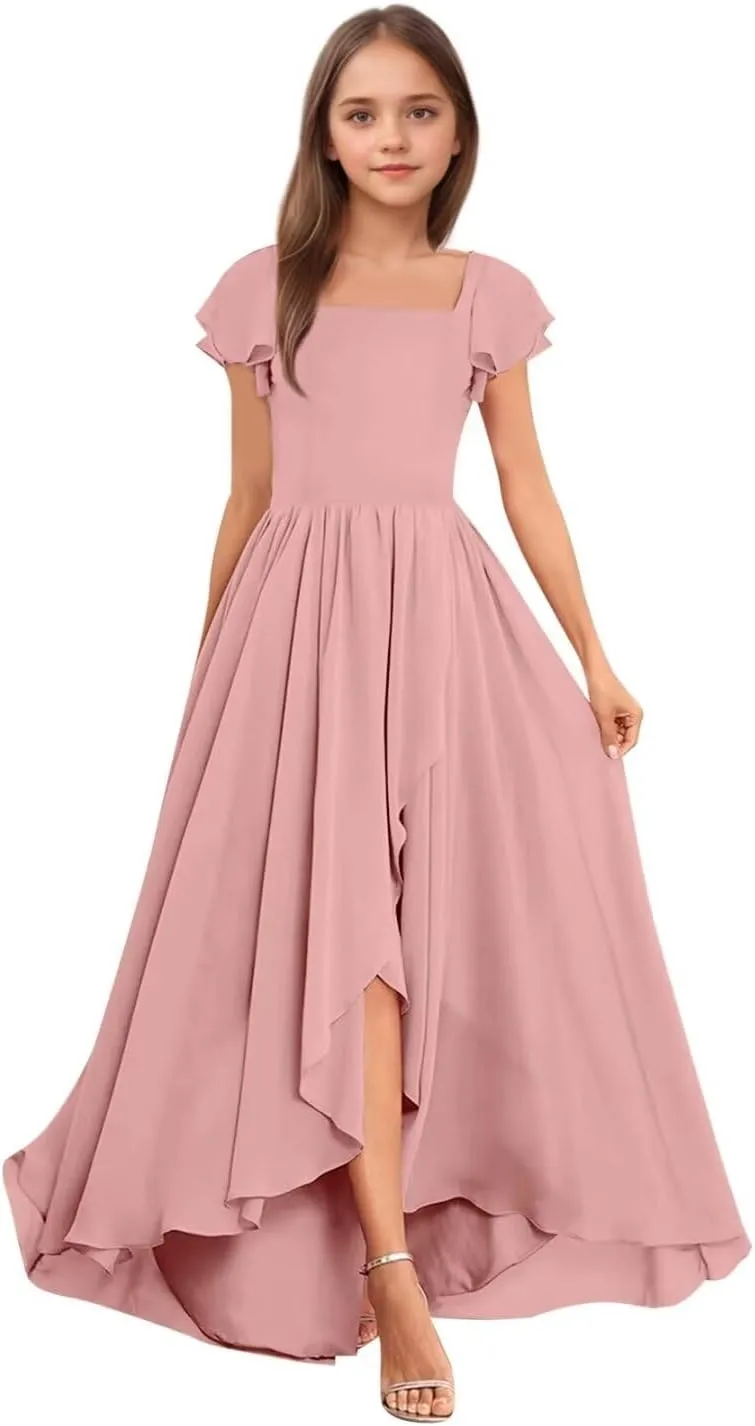 BOLENSYE Junior Bridesmaid Dresses for Wedding Short Sleeve Square Neck Flower Girl Dresses for Teens Gilrs 7-16
