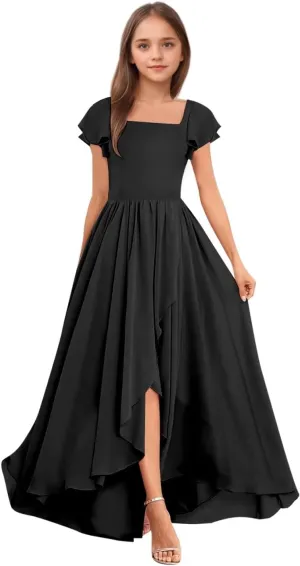 BOLENSYE Junior Bridesmaid Dresses for Wedding Short Sleeve Square Neck Flower Girl Dresses for Teens Gilrs 7-16