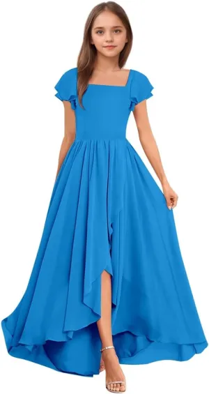 BOLENSYE Junior Bridesmaid Dresses for Wedding Short Sleeve Square Neck Flower Girl Dresses for Teens Gilrs 7-16