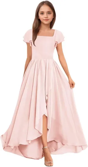 BOLENSYE Junior Bridesmaid Dresses for Wedding Short Sleeve Square Neck Flower Girl Dresses for Teens Gilrs 7-16