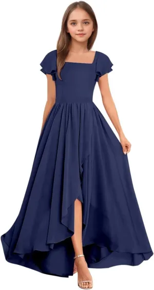 BOLENSYE Junior Bridesmaid Dresses for Wedding Short Sleeve Square Neck Flower Girl Dresses for Teens Gilrs 7-16