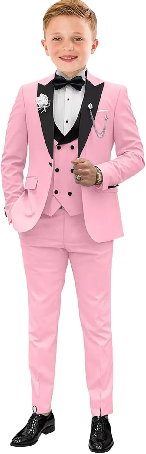 Boys Suits Slim Fit 5 Piece Toddler Tuxedo Suit Set for Teen Boy Formal Dress Clothes Peaked Lapel Kids Wedding Outfit
