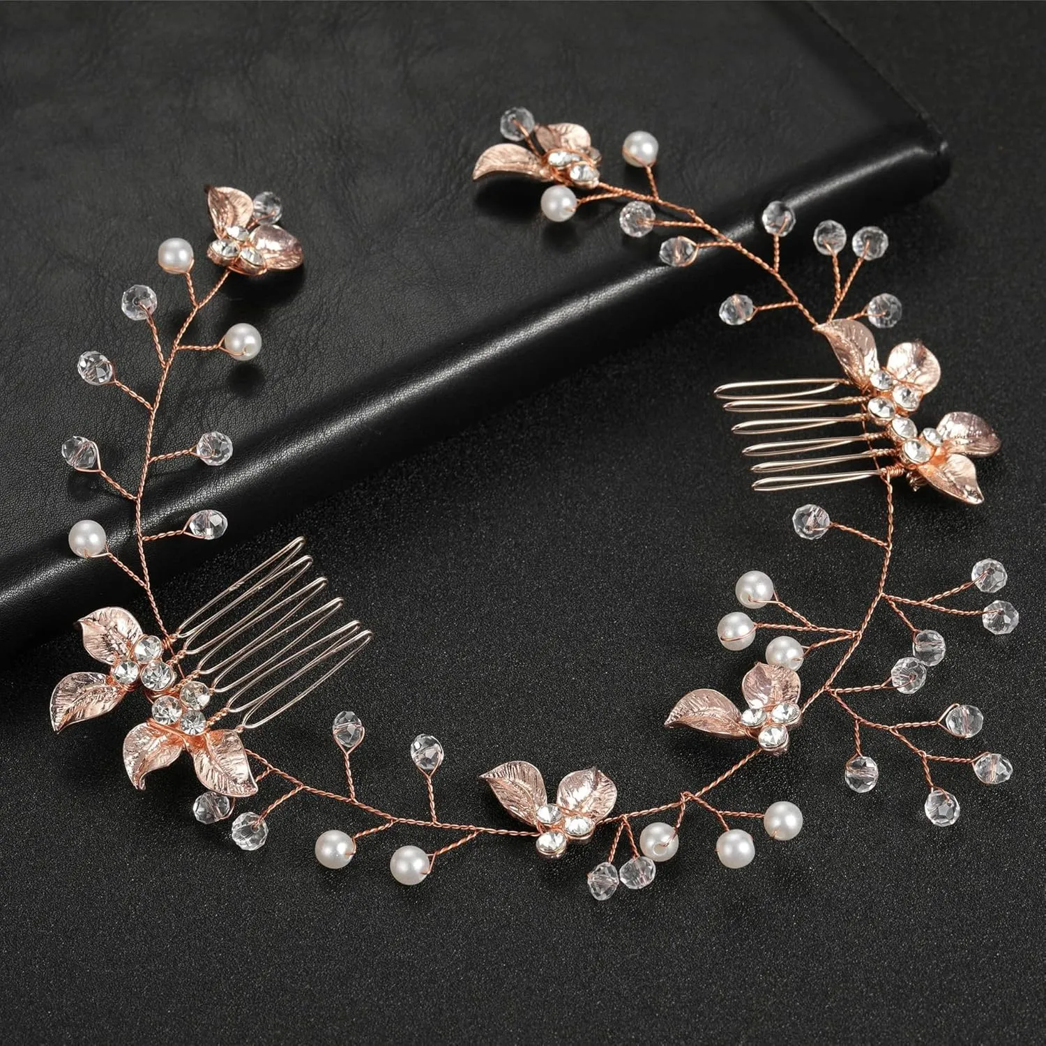 Bride Hair Accessories Wedding - Handmade Rhinestone Flower Headband Crystal Hairpin for Elegant Bridal Hairstyles, Rose Gold