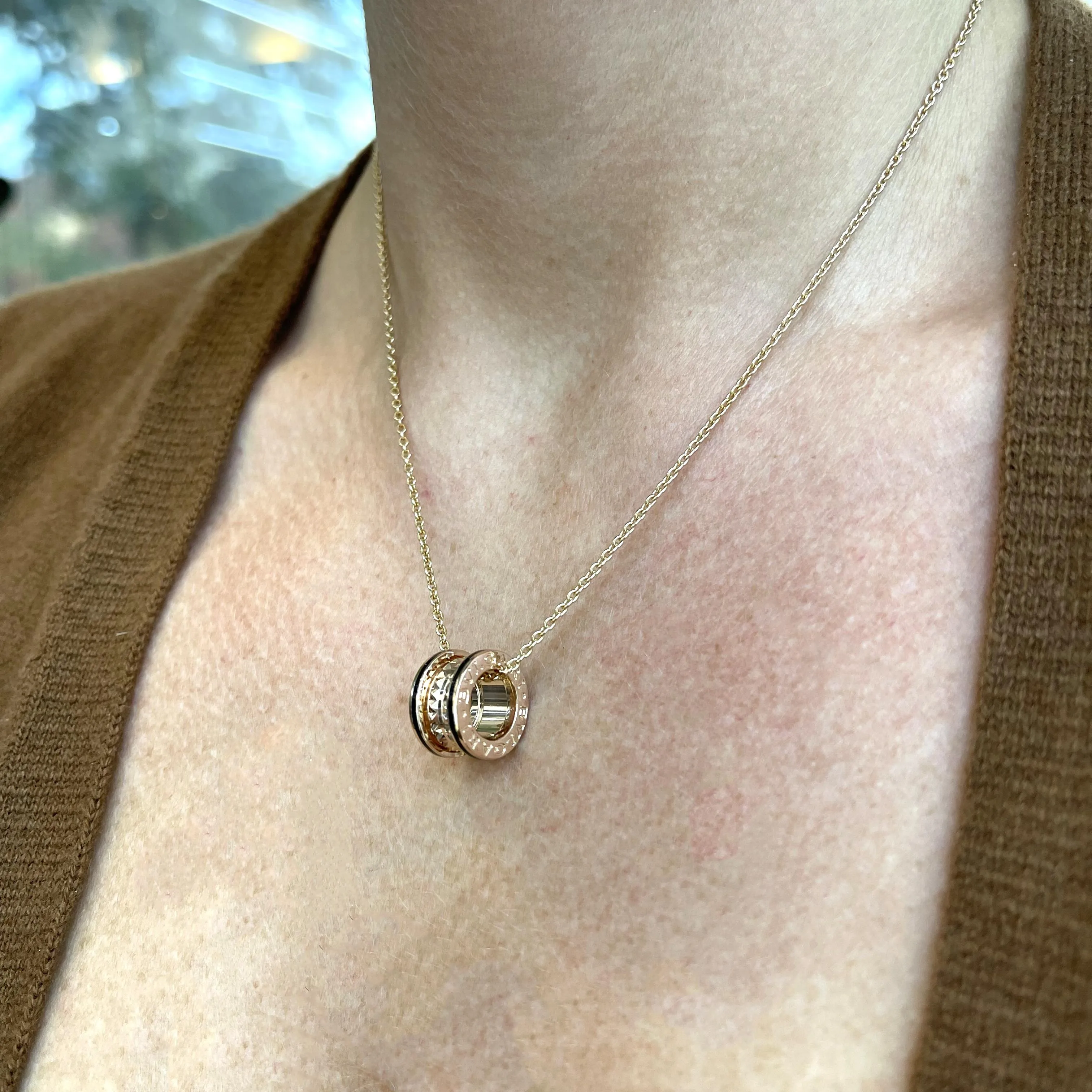 Bvlgari Ladies 18K Rose Gold B. Zero Studded Spiral Black Ceramic Pendant Necklace