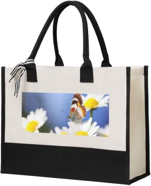 Canvas Tote Bag for Women Beach Tote Purse Reusable Grocery Bag Butterfly On Daisy Aesthetic Shopping Bags