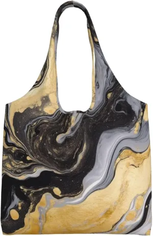 Canvas Tote Bag for Women Shoulder Tote Purse Reusable Grocery Bag Black Golden Marble Ink Aesthetic Shopping Bags