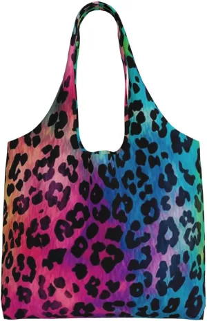 Canvas Tote Bag for Women Shoulder Tote Purse Reusable Grocery Bag Rainbow leopard print Aesthetic Shopping Bags
