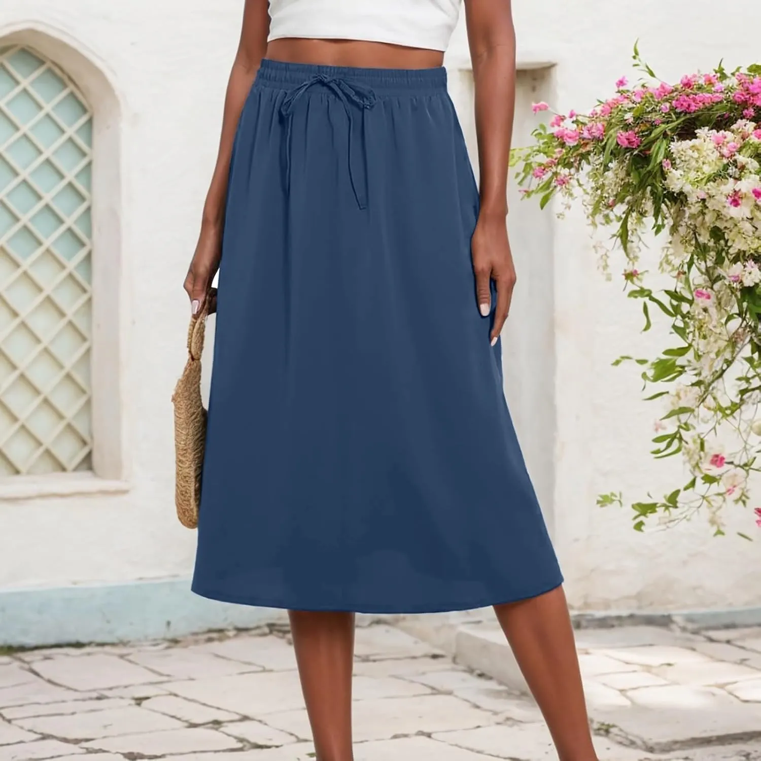 Casual Midi Skirts for Women Summer Comfy Drawstring Knee Length Skirts Trendy Elastic Waist Travel Skorts with Pockets