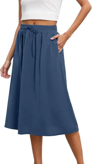 Casual Midi Skirts for Women Summer Comfy Drawstring Knee Length Skirts Trendy Elastic Waist Travel Skorts with Pockets