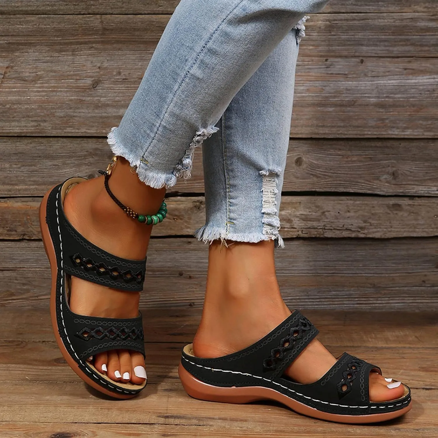 Cathalem Sandals For Women With Arch Support Wedge Sandals Close Toe Sandals Breathable Hollow Out Loaf Sandals Shoes