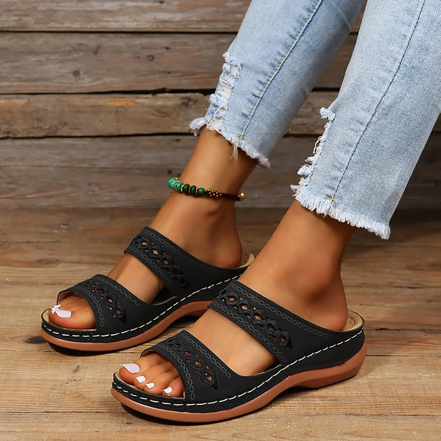 Cathalem Sandals For Women With Arch Support Wedge Sandals Close Toe Sandals Breathable Hollow Out Loaf Sandals Shoes
