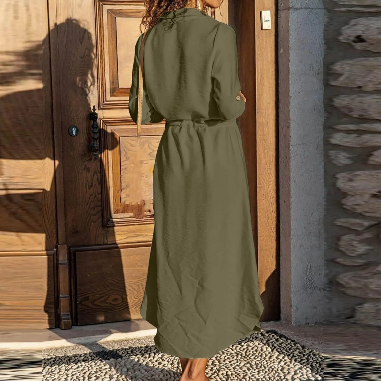 Ceboyel Linen Shirt Dresses for Women Button Down Drawstring Causal Dress Plain Long Maxi Dresses Trendy Ladies Outfits 2023