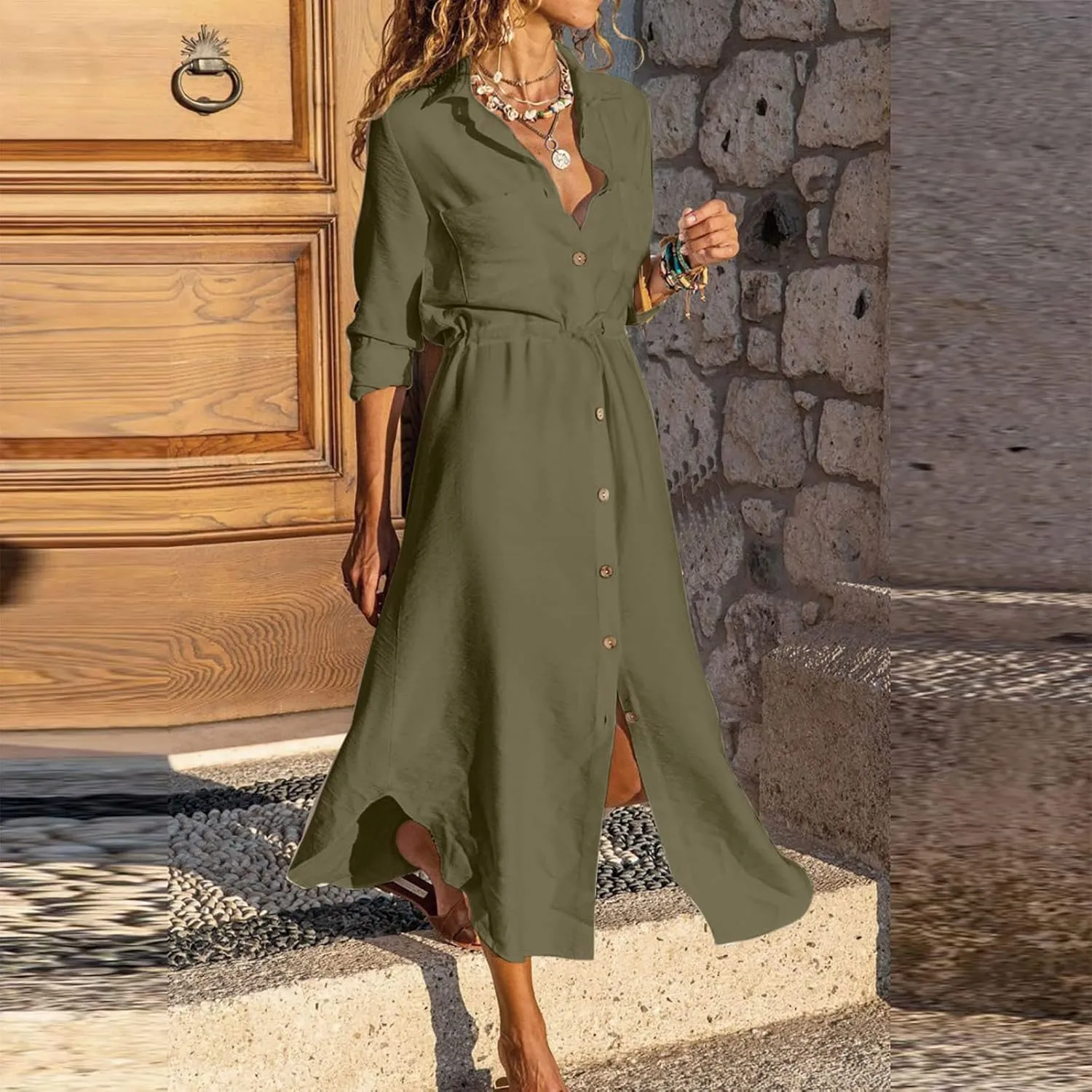Ceboyel Linen Shirt Dresses for Women Button Down Drawstring Causal Dress Plain Long Maxi Dresses Trendy Ladies Outfits 2023