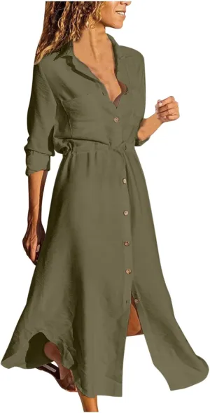 Ceboyel Linen Shirt Dresses for Women Button Down Drawstring Causal Dress Plain Long Maxi Dresses Trendy Ladies Outfits 2023