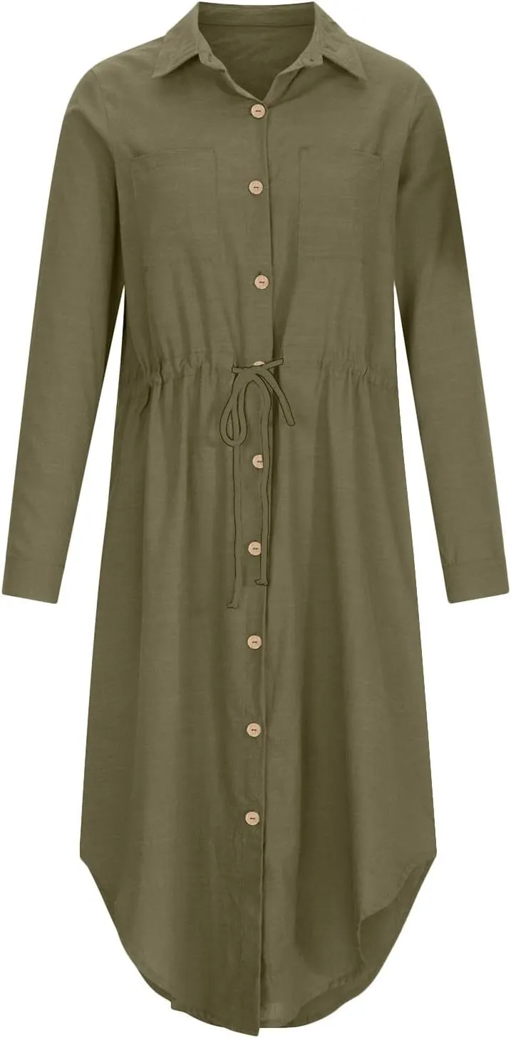 Ceboyel Linen Shirt Dresses for Women Button Down Drawstring Causal Dress Plain Long Maxi Dresses Trendy Ladies Outfits 2023