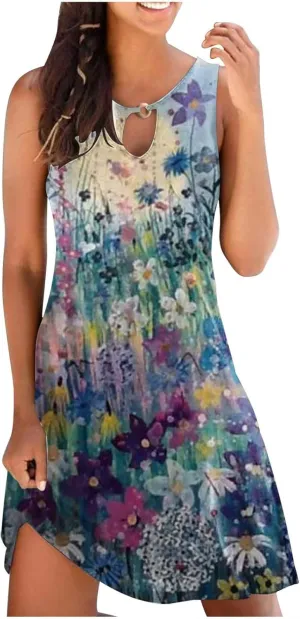 Ceboyel Women's Summer Dresses 2023 Boho Trendy Sundresses Floral Print Sleeveless Party Dress Casual Beach Clothing