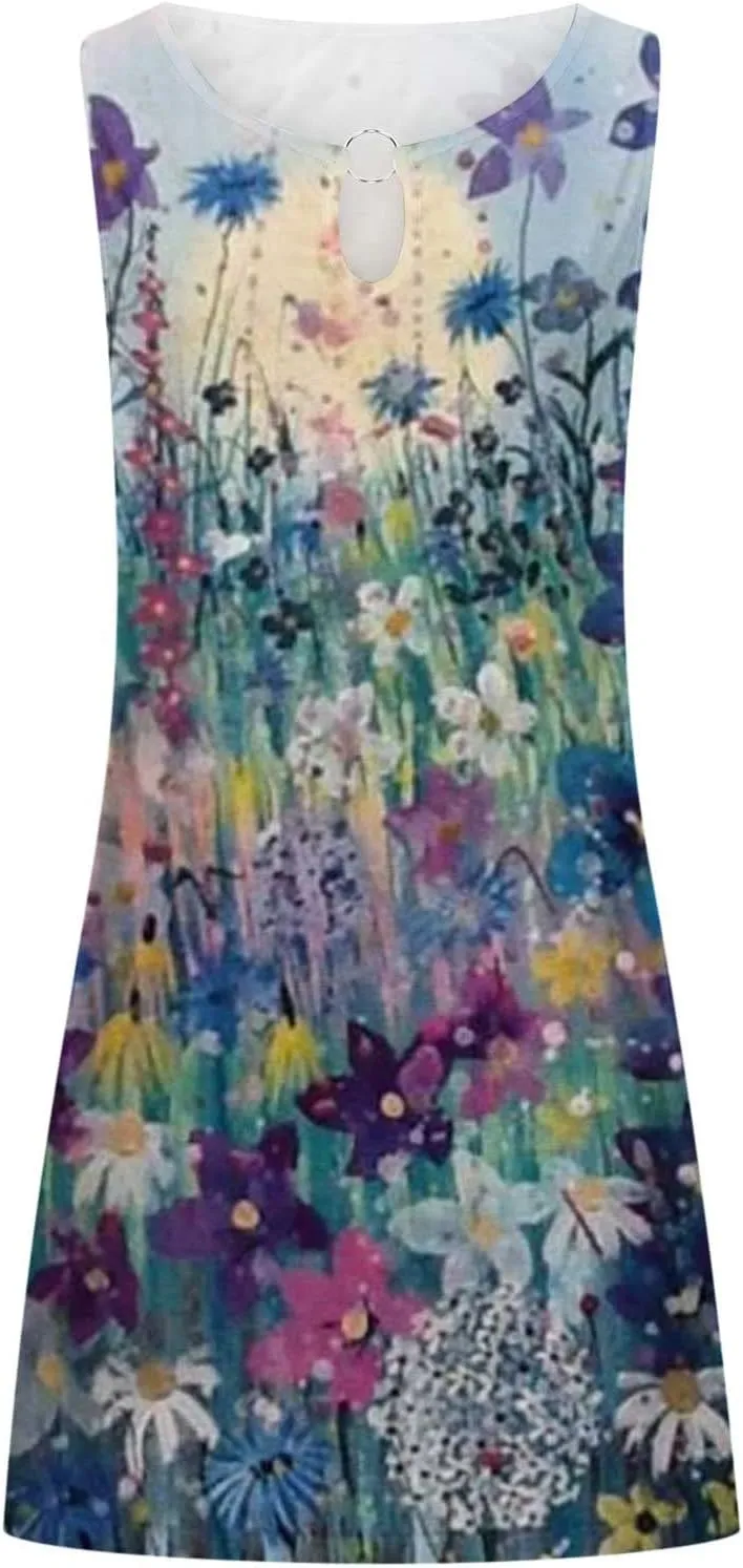 Ceboyel Women's Summer Dresses 2023 Boho Trendy Sundresses Floral Print Sleeveless Party Dress Casual Beach Clothing