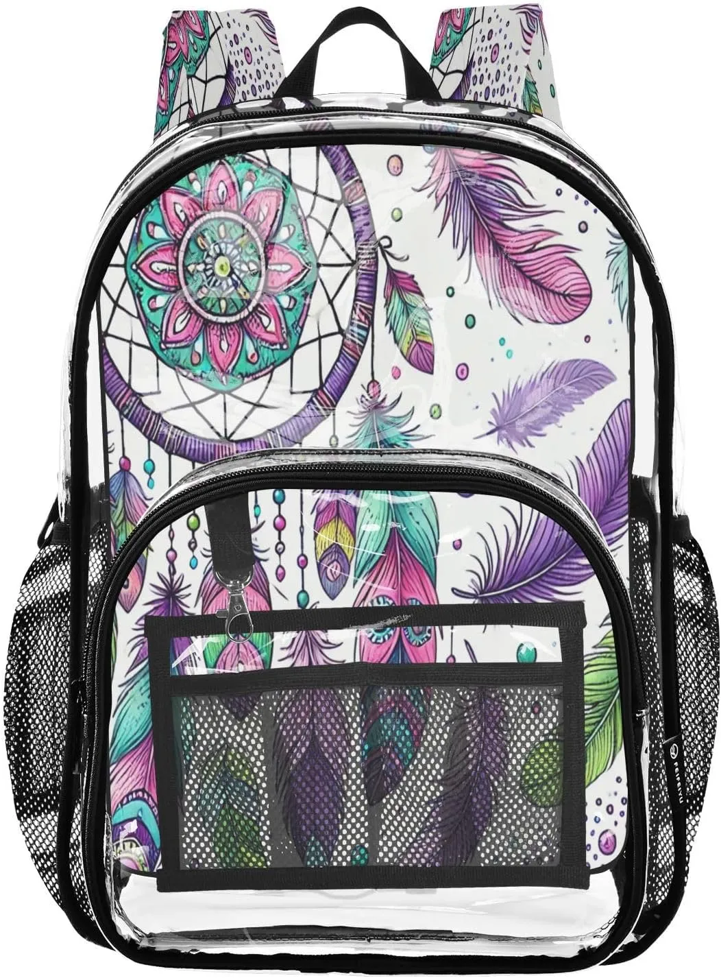 Clear Backpack Heavy Duty 15.7 Inch Boho Mandala White Clear Bookbag Large Bag for Stadium Approved See Through Backpack for Concert College School Work