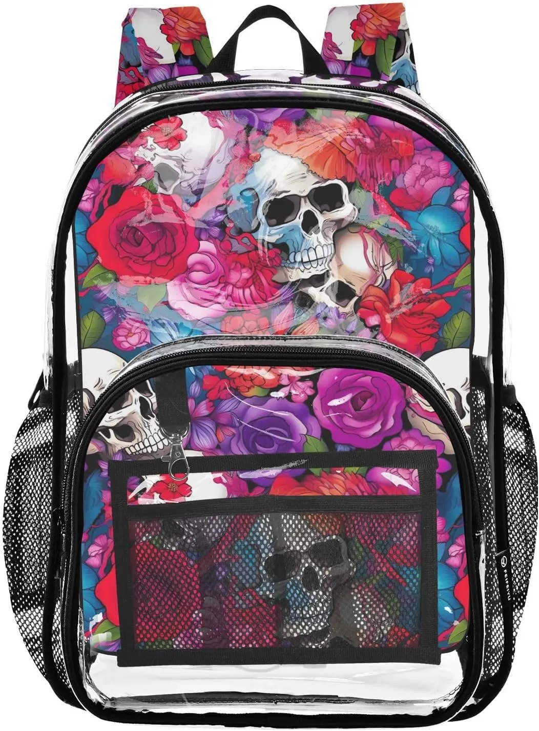 Clear Backpack Heavy Duty 15.7 Inch Colorful Skull Rose Clear Bookbag See Through Backpack Large Bag for Stadium Approved for Concert College School Work