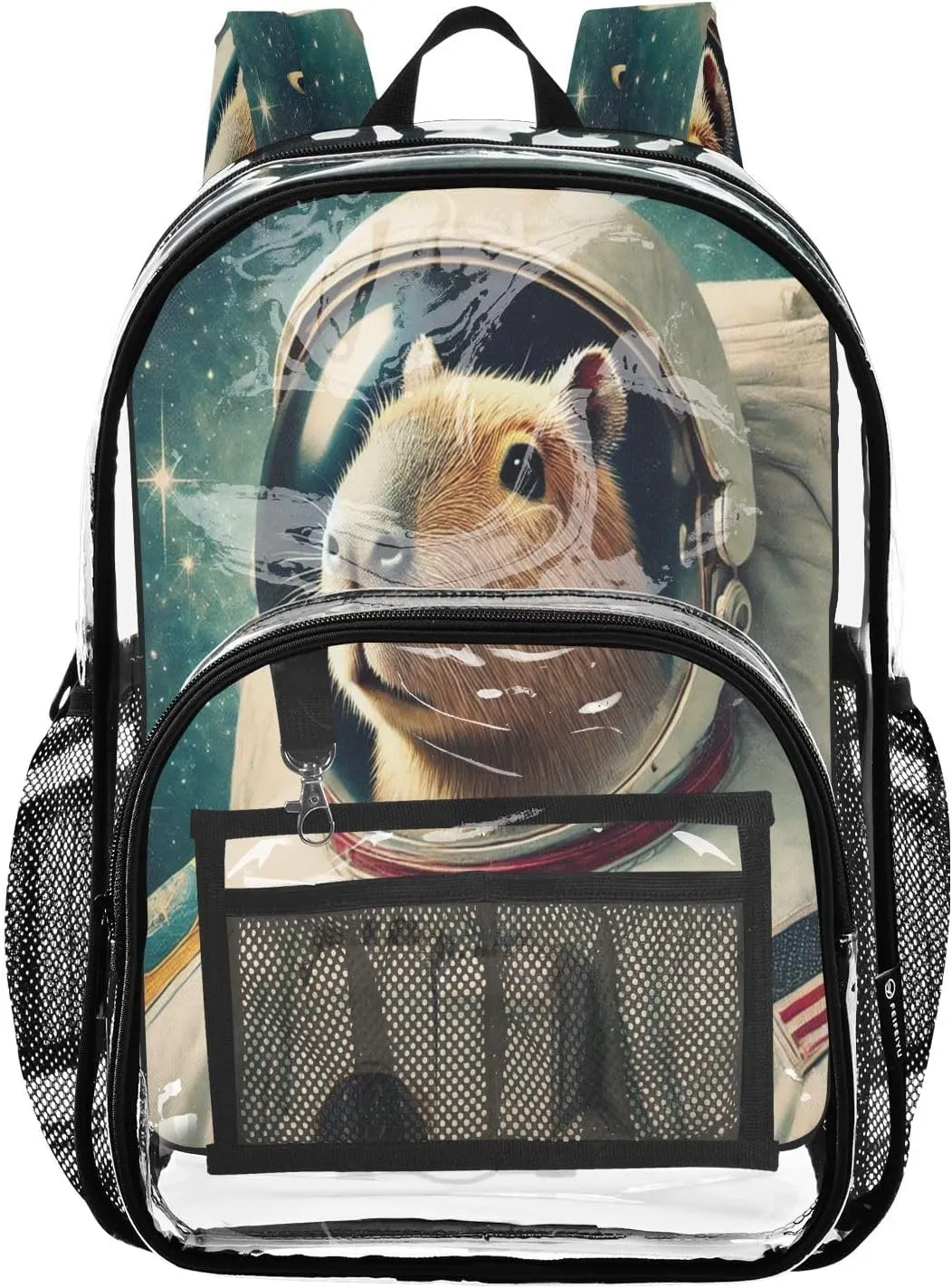 Clear Backpack Heavy Duty 15.7 Inch Cute Capybara Space Teal See Through Backpack Clear Bag Large Bookbag for Stadium Approved for School Concert Work College