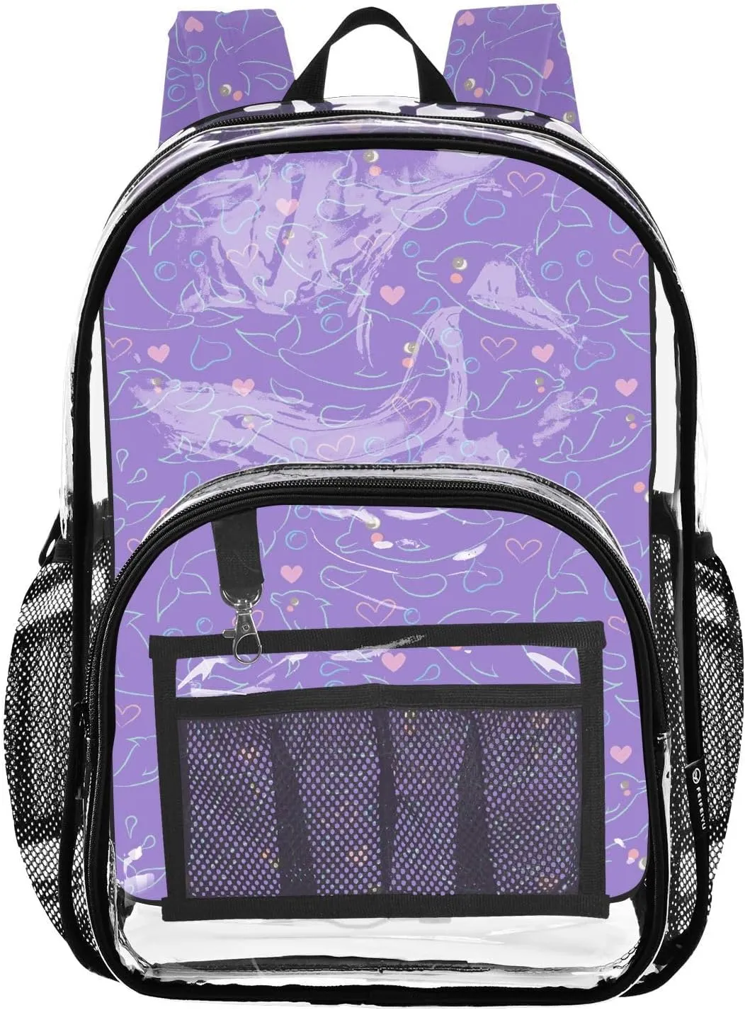 Clear Backpack Heavy Duty 15.7 Inch Cute Cartoon Dolphin See Through Backpack Approved Large Bag Clear Bookbag for Stadium for Concert College School Work