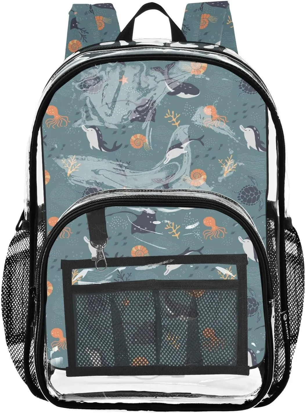 Clear Backpack Heavy Duty 15.7 Inch Dolphin Turtle See Through Backpack Approved Large Bag Clear Bookbag for Stadium for Work Concert School College
