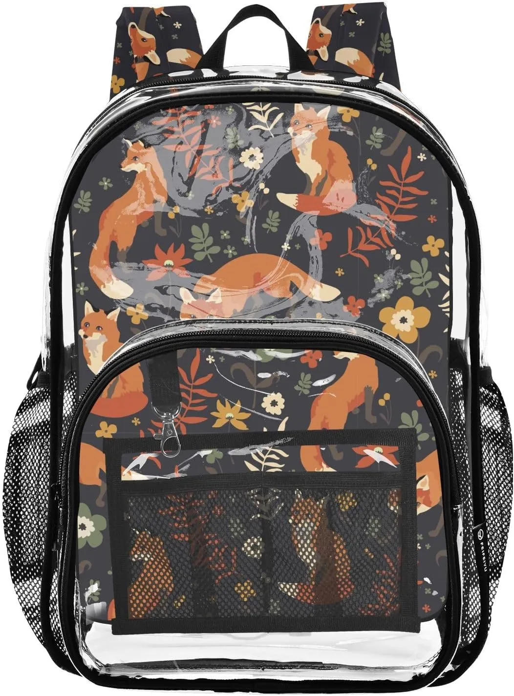 Clear Backpack Heavy Duty 15.7 Inch Foxes Leaves Flower Clear Bookbag See Through Bag Large Backpack for Stadium Approved for Work Concert School College