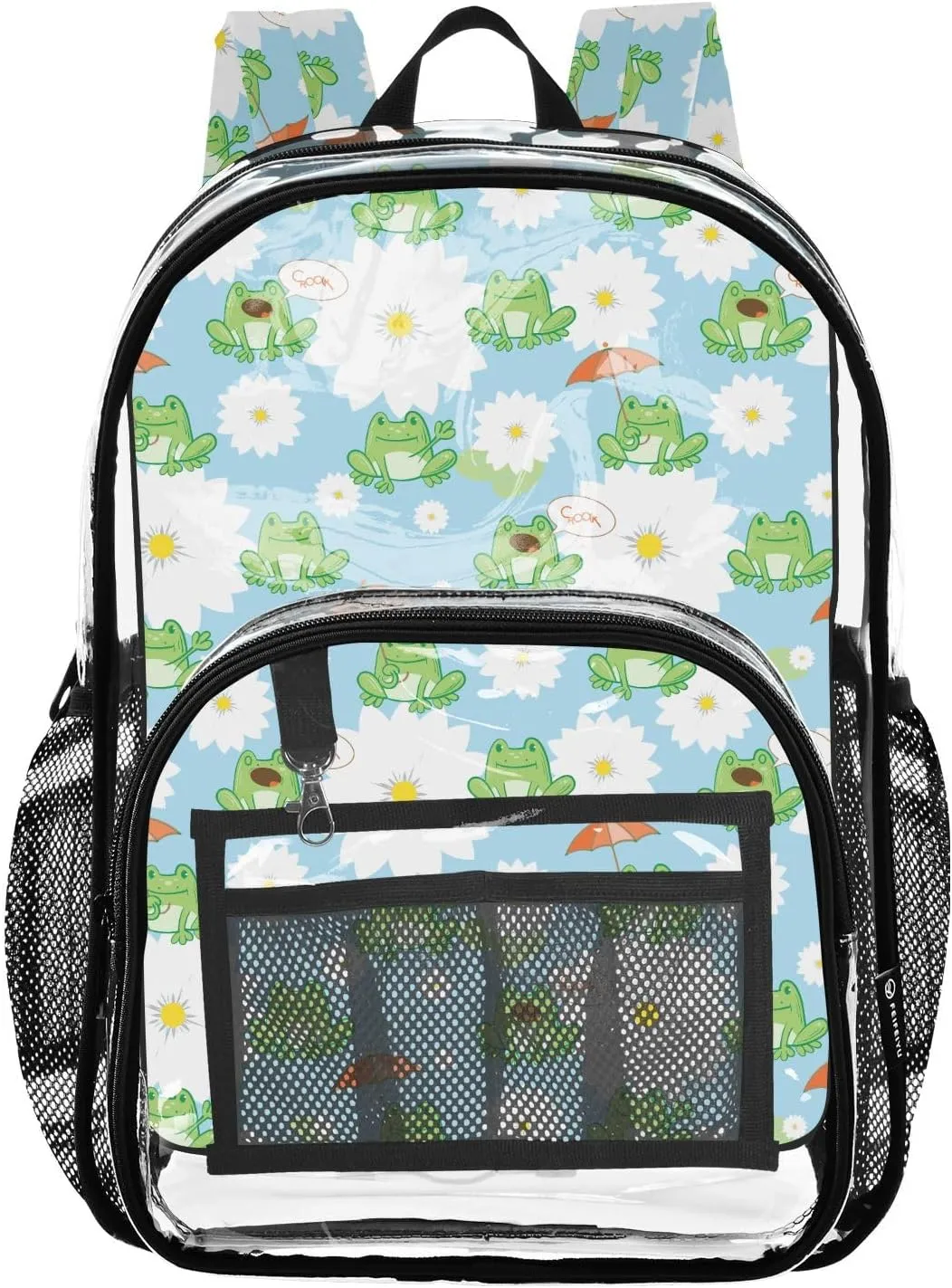 Clear Backpack Heavy Duty 15.7 Inch Frog Flower Clear Bookbag Large Bag for Stadium Approved See Through Backpack for Concert College School Work