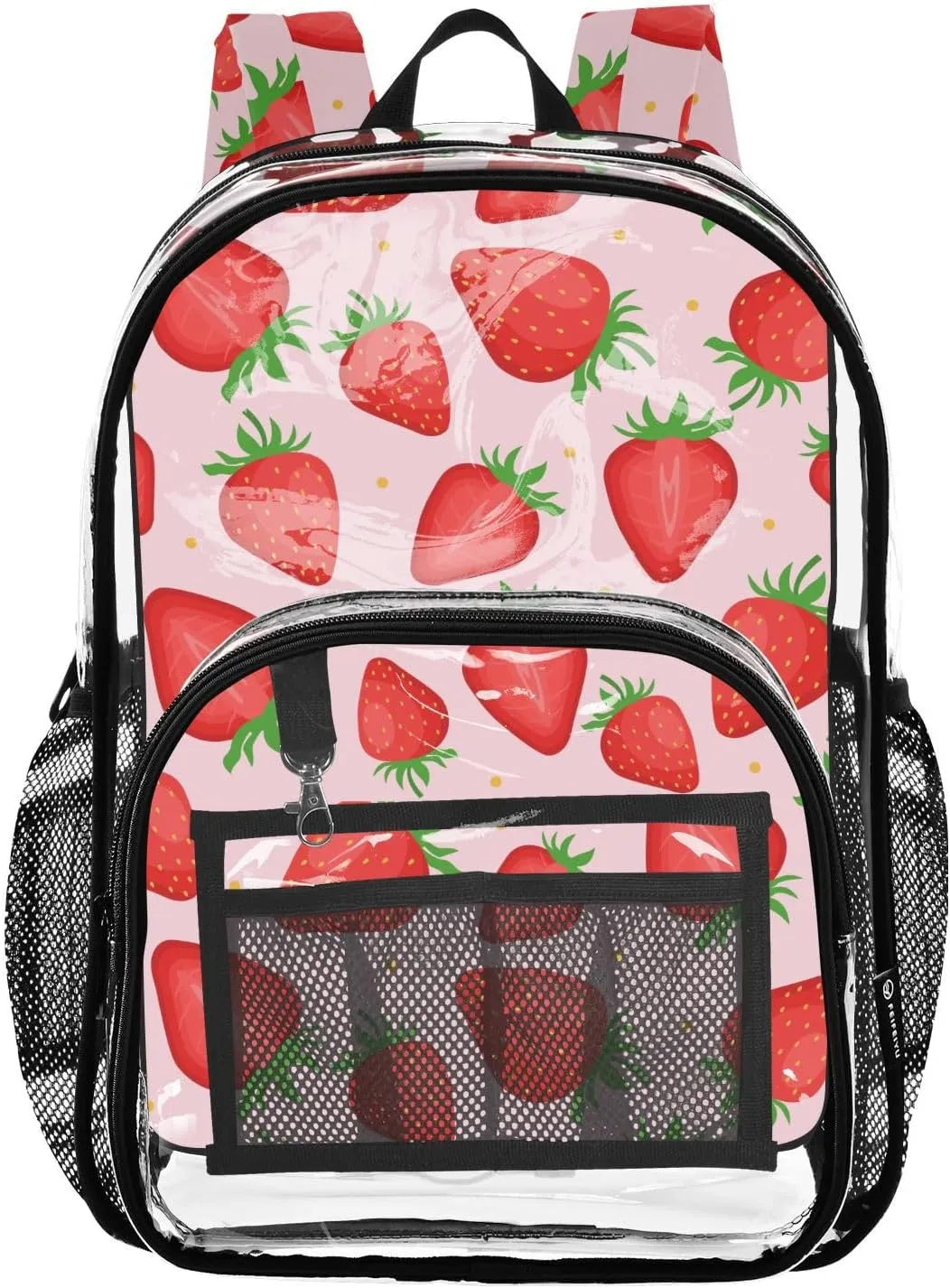 Clear Backpack Heavy Duty 15.7 Inch Fruit Strawberry Red Clear Bookbag Large Bag for Stadium Approved See Through Backpack for School Concert Work College