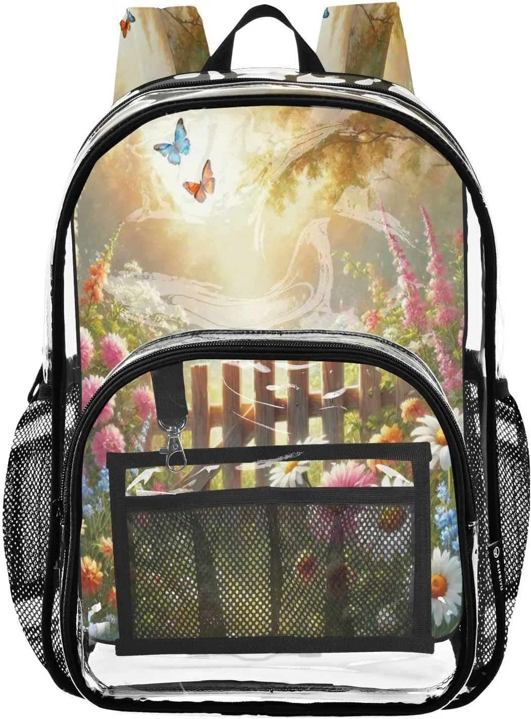 Clear Backpack Heavy Duty 15.7 Inch Garden Butterflies Sun Clear Bookbag See Through Bag Large Backpack for Stadium Approved for Work Concert School College