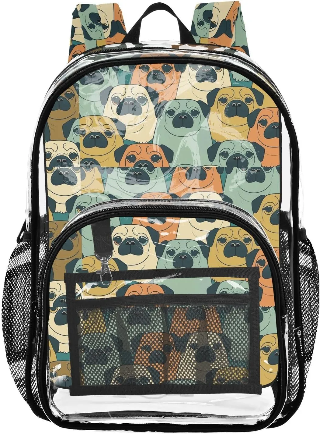 Clear Backpack Heavy Duty 15.7 Inch Pugs Dogs Clear Bookbag See Through Bag Large Backpack for Stadium Approved for College School Work Concert