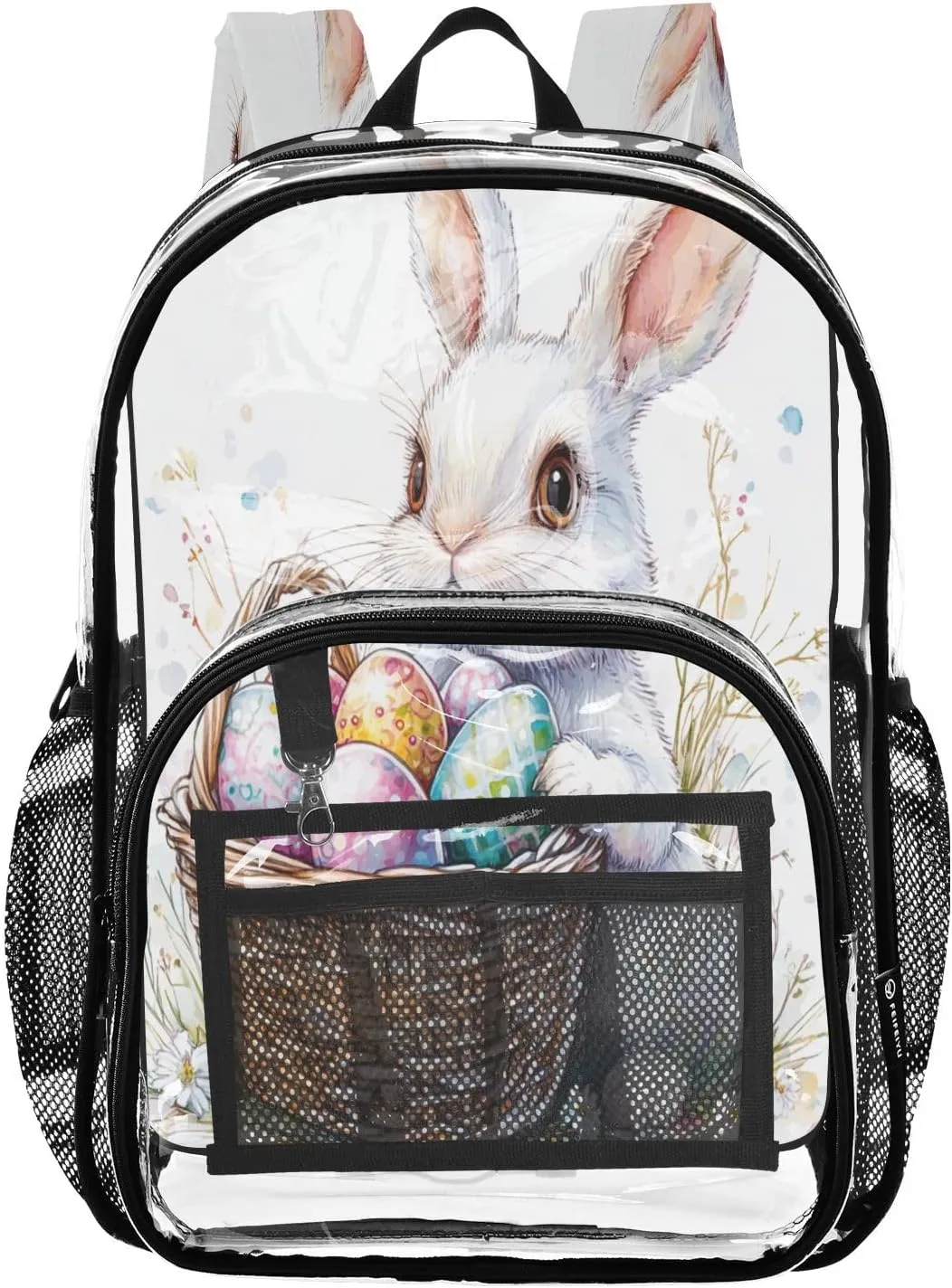Clear Backpack Heavy Duty 15.7 Inch Rabbits Eggs White Easter See Through Backpack Clear Bookbag for Stadium Approved Large Bag for Work Concert School College