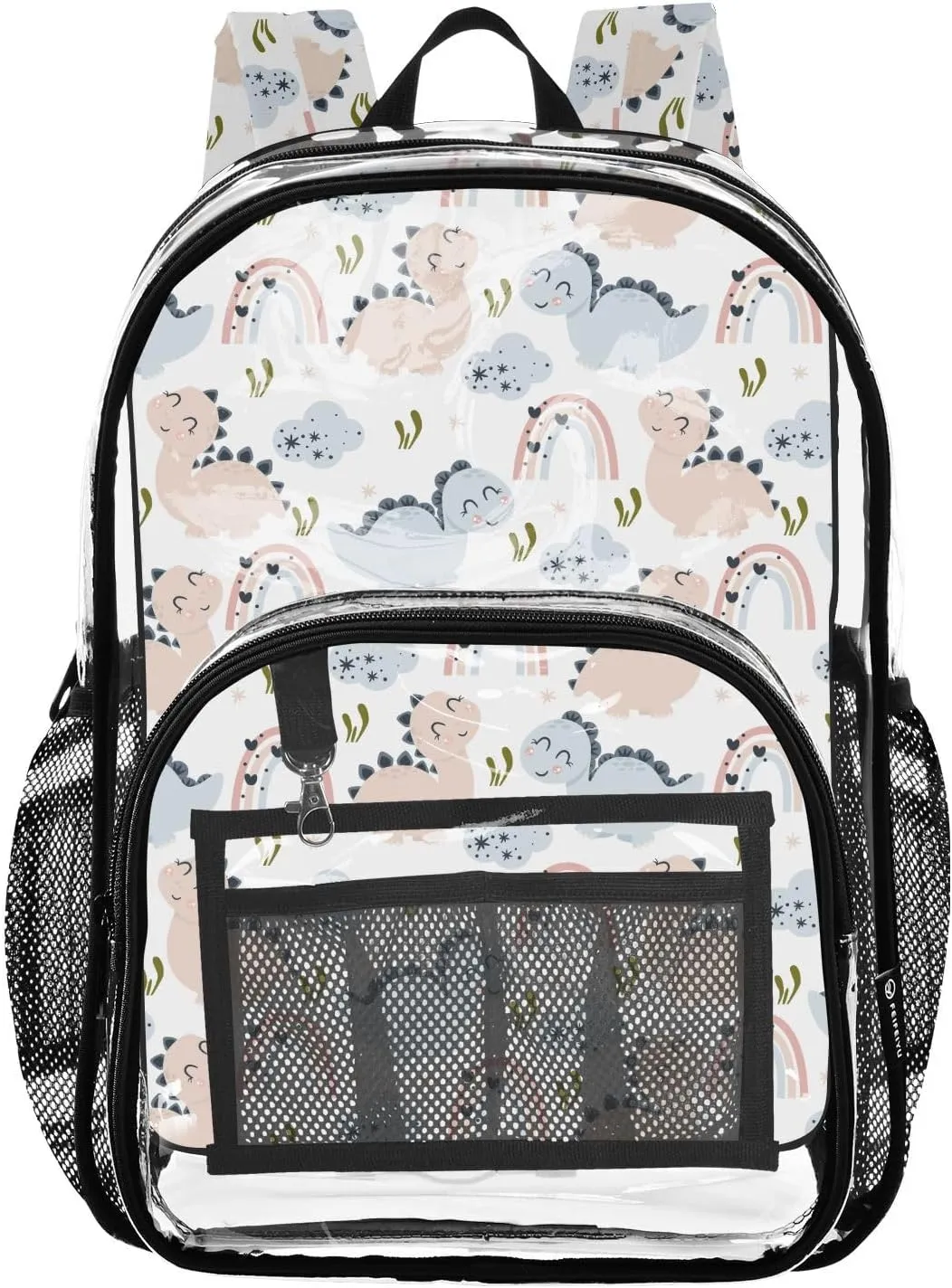 Clear Backpack Heavy Duty 15.7 Inch Rainbow Cartoon Dinosaurs See Through Backpack Approved Large Bag Clear Bookbag for Stadium for Work Concert School College