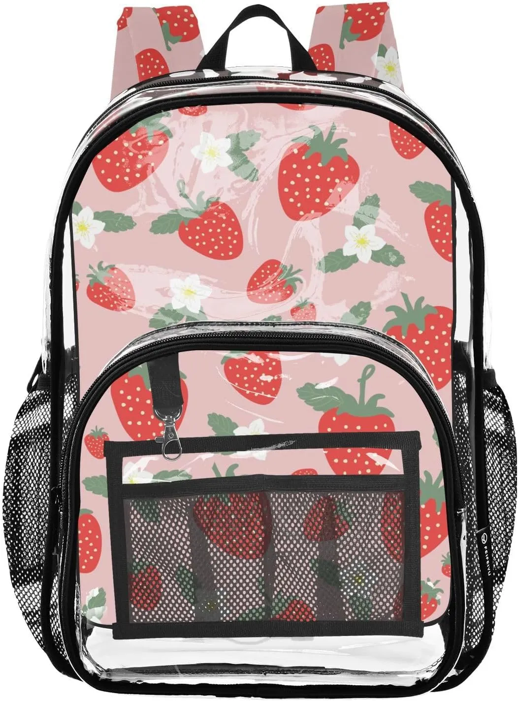 Clear Backpack Heavy Duty 15.7 Inch Strawberry Fruits Flower See Through Backpack Clear Bag Large Bookbag for Stadium Approved for Work Concert School College