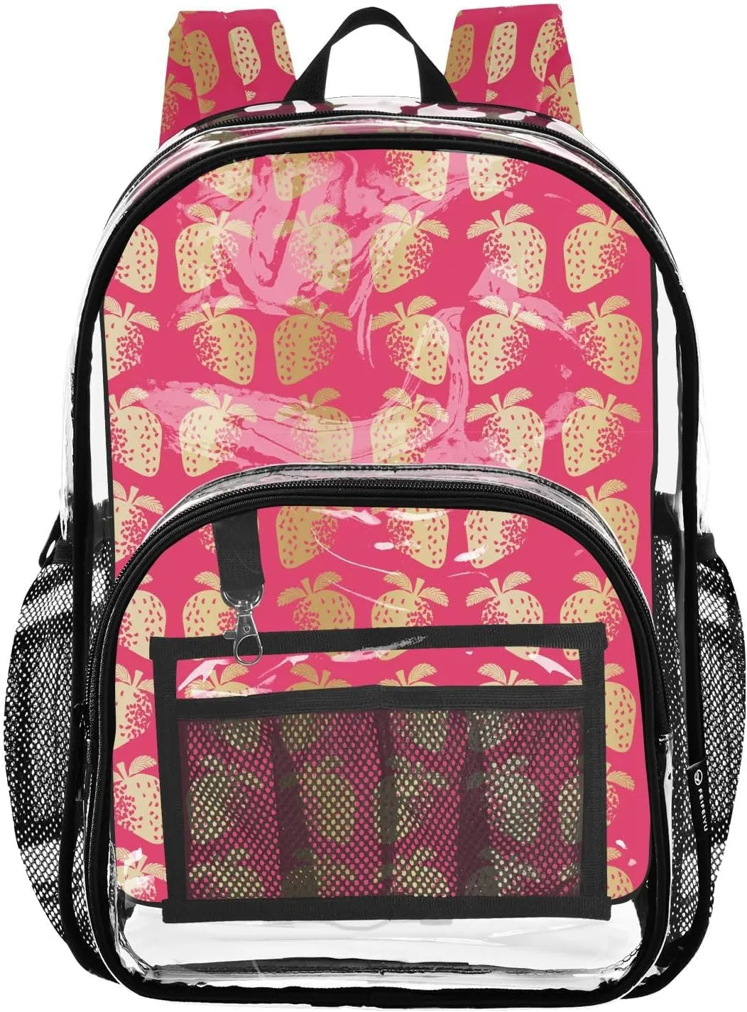 Clear Backpack Heavy Duty 15.7 Inch Strawberry Golden See Through Backpack Clear Bookbag for Stadium Approved Large Bag for Concert College School Work