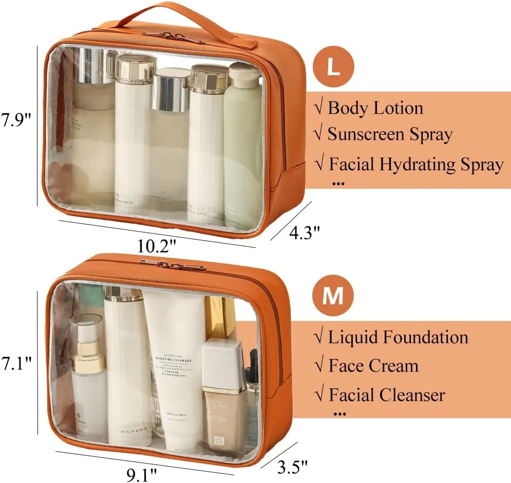 Clear Toiletry Bag, Water-repellent PVC Makeup Bag with Zippers, Clear Toiletry Bag for Travel, Clear Makeup Case for Women, Travel Essentials, Large  Medium (Orange), CBG-427101-A4