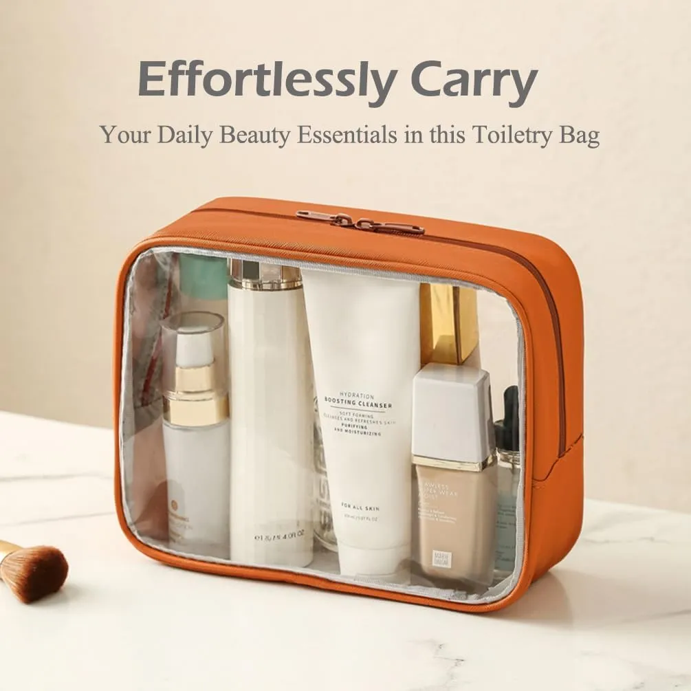 Clear Toiletry Bag, Water-repellent PVC Makeup Bag with Zippers, Clear Toiletry Bag for Travel, Clear Makeup Case for Women, Travel Essentials, Large  Medium (Orange), CBG-427101-A4
