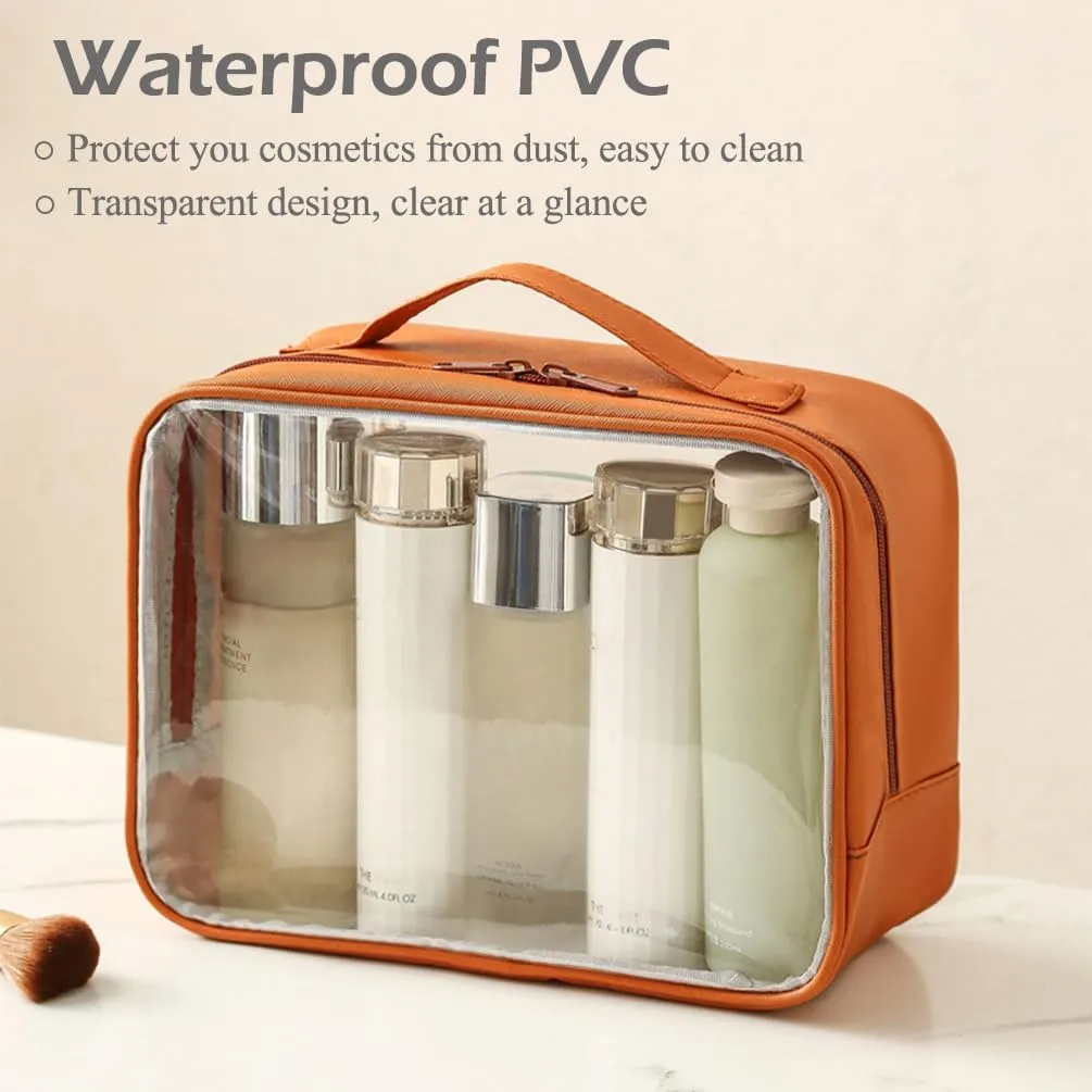 Clear Toiletry Bag, Water-repellent PVC Makeup Bag with Zippers, Clear Toiletry Bag for Travel, Clear Makeup Case for Women, Travel Essentials, Large  Medium (Orange), CBG-427101-A4