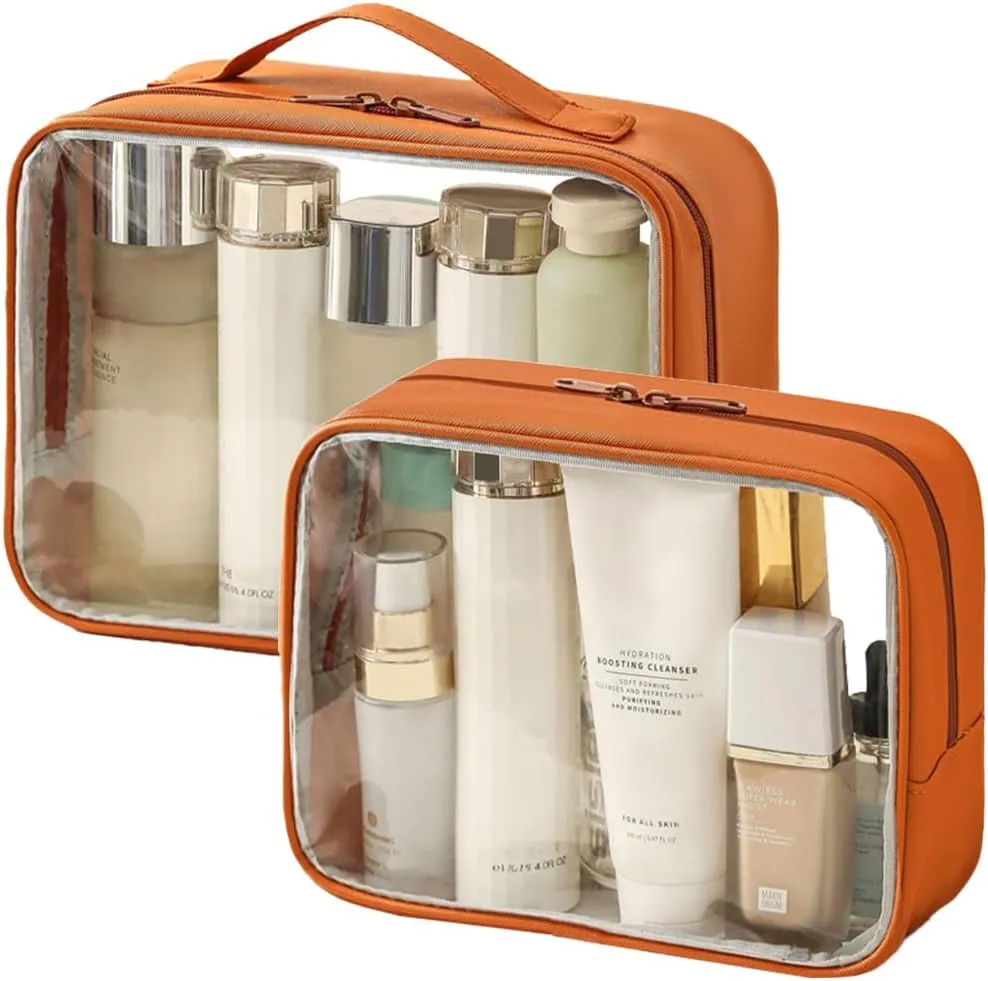 Clear Toiletry Bag, Water-repellent PVC Makeup Bag with Zippers, Clear Toiletry Bag for Travel, Clear Makeup Case for Women, Travel Essentials, Large  Medium (Orange), CBG-427101-A4