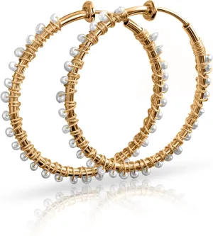 Clipon gold color hoops with pearls hand wrapped clipon pearly hoops, Silver, pearl, white,