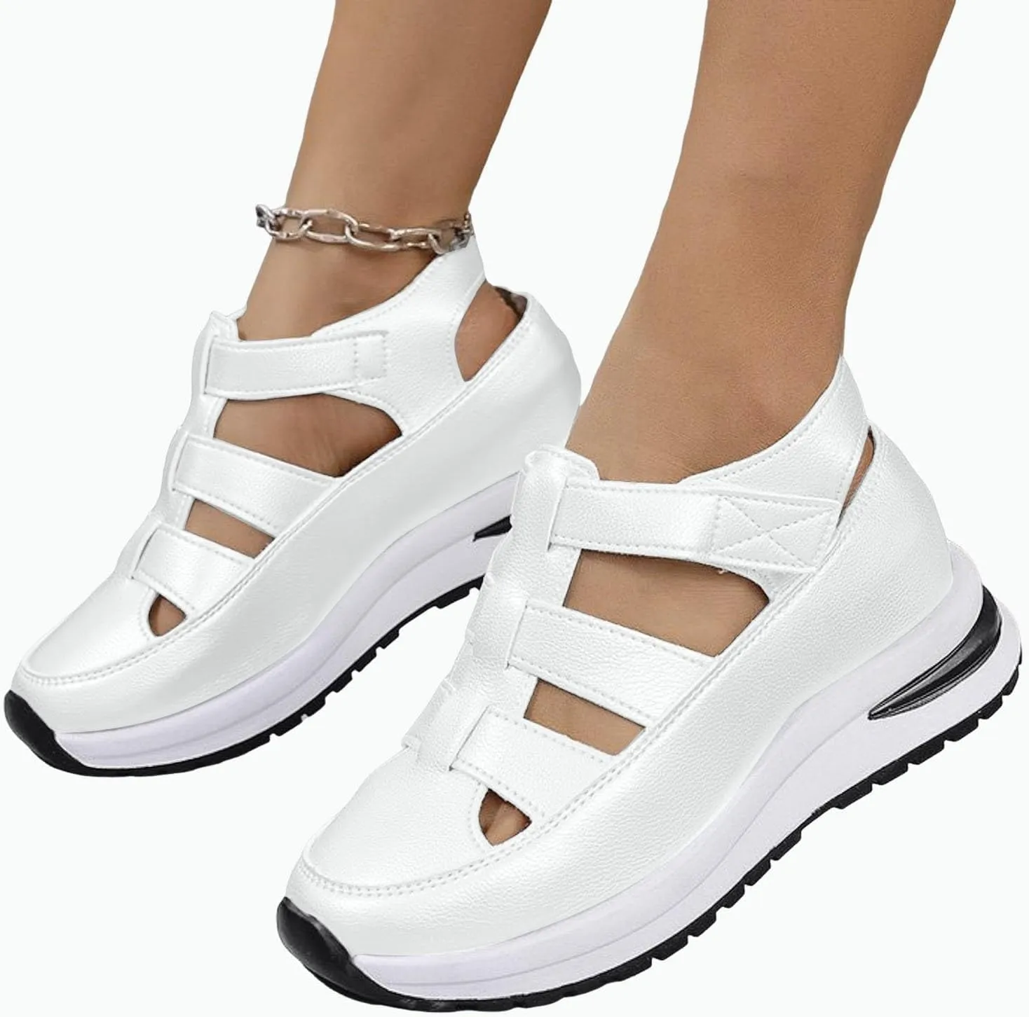 Closed Toe Hollow-Out Sandals for Women Plus Size Platform Wedge Sandals Casual Buckle Ankle Strap Shoes Summer Comfortable Weaving Shoes Height-Boosting Thick Sole Shoe