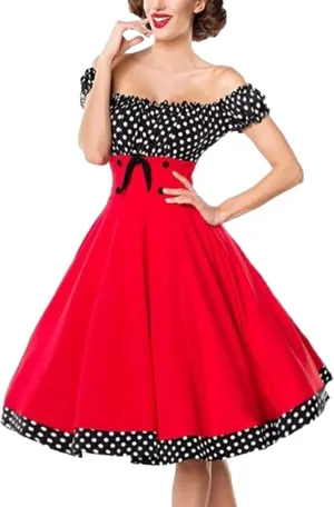 Cocktail Dress for Women 1960 Retro Polka Dot Off The Shoulder A-Line Swing Sundress Rockabilly Garden Party Dress