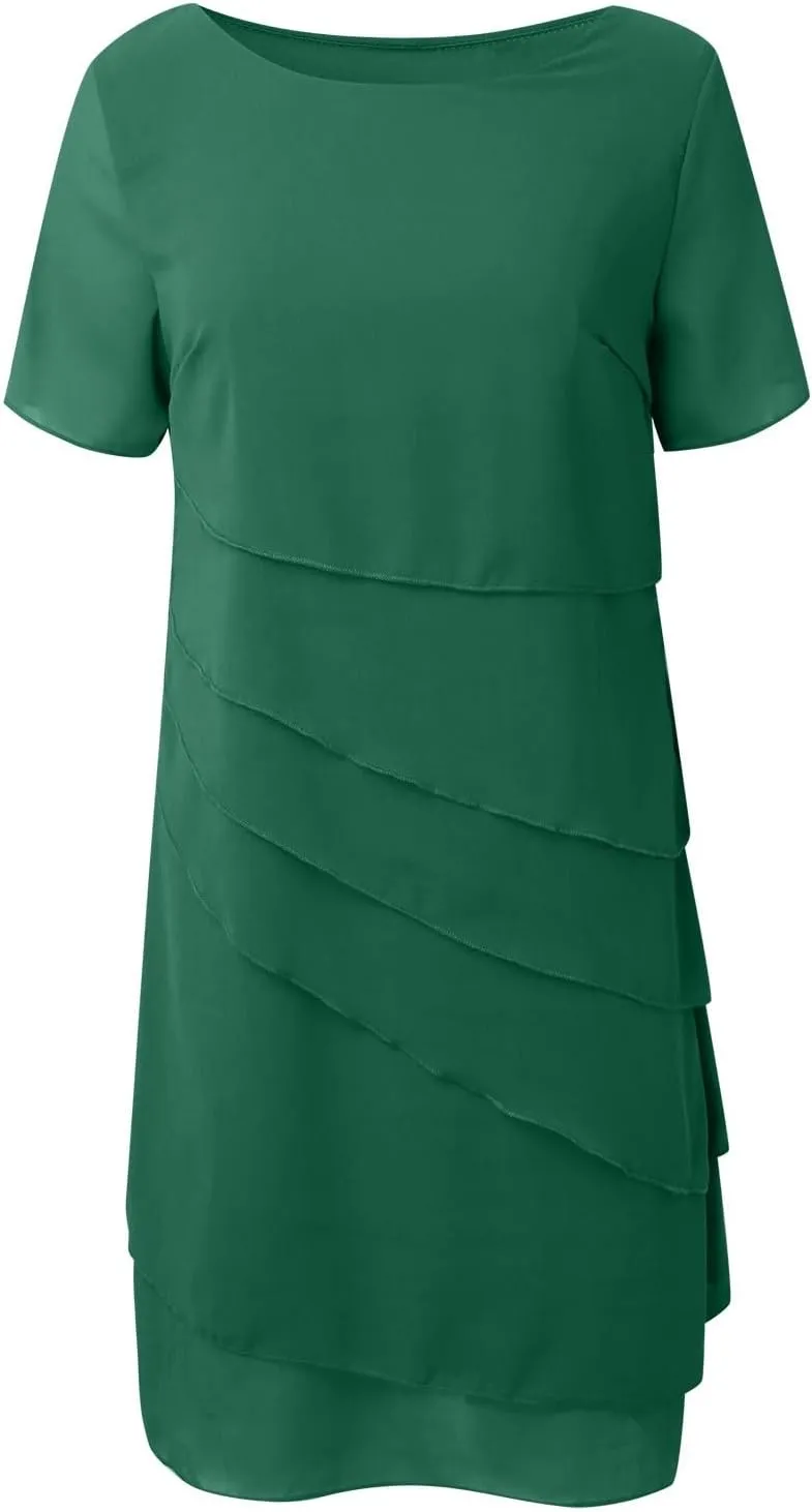 Cocktail Dresses for Women,Flowy Ruffle Tiered Chiffon Dresses Casual Short Sleeve Mini Sundress Elegant Guest Dress