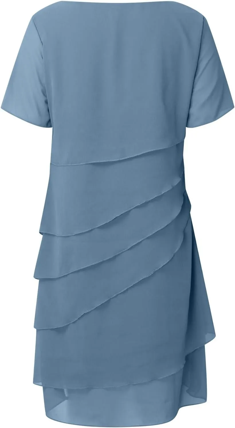 Cocktail Dresses for Women,Flowy Ruffle Tiered Chiffon Dresses Casual Short Sleeve Mini Sundress Elegant Guest Dress