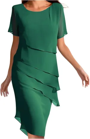 Cocktail Dresses for Women,Flowy Ruffle Tiered Chiffon Dresses Casual Short Sleeve Mini Sundress Elegant Guest Dress