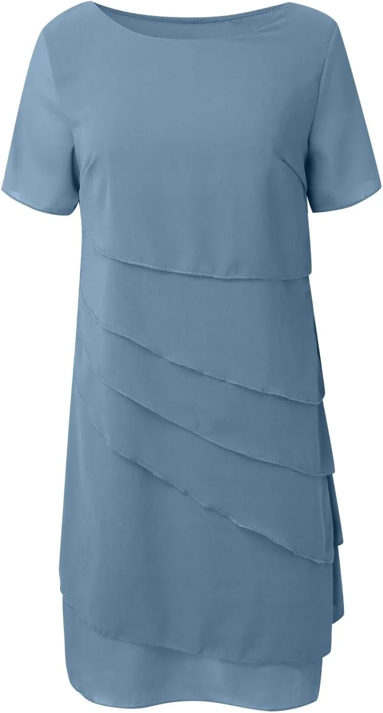 Cocktail Dresses for Women,Flowy Ruffle Tiered Chiffon Dresses Casual Short Sleeve Mini Sundress Elegant Guest Dress