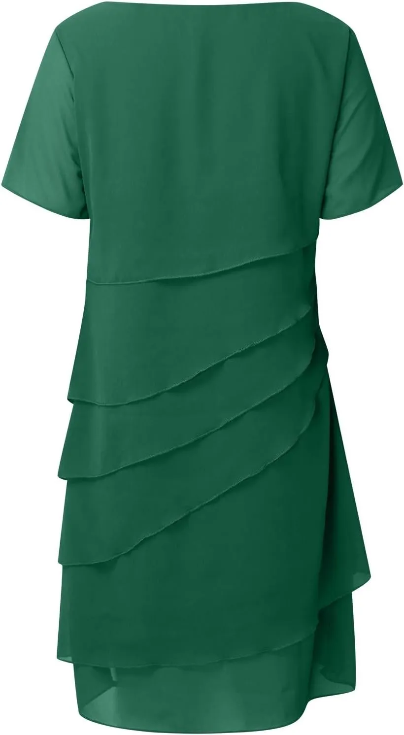 Cocktail Dresses for Women,Flowy Ruffle Tiered Chiffon Dresses Casual Short Sleeve Mini Sundress Elegant Guest Dress
