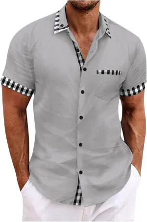 Color Block Plaid Shirts for Men Fashion Cotton Linen Short Sleeve Tops Casual Summer Button Down Blouse with Pocket