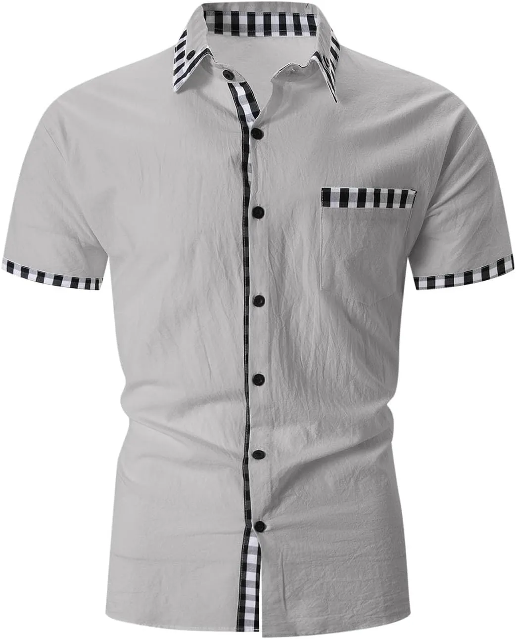 Color Block Plaid Shirts for Men Fashion Cotton Linen Short Sleeve Tops Casual Summer Button Down Blouse with Pocket