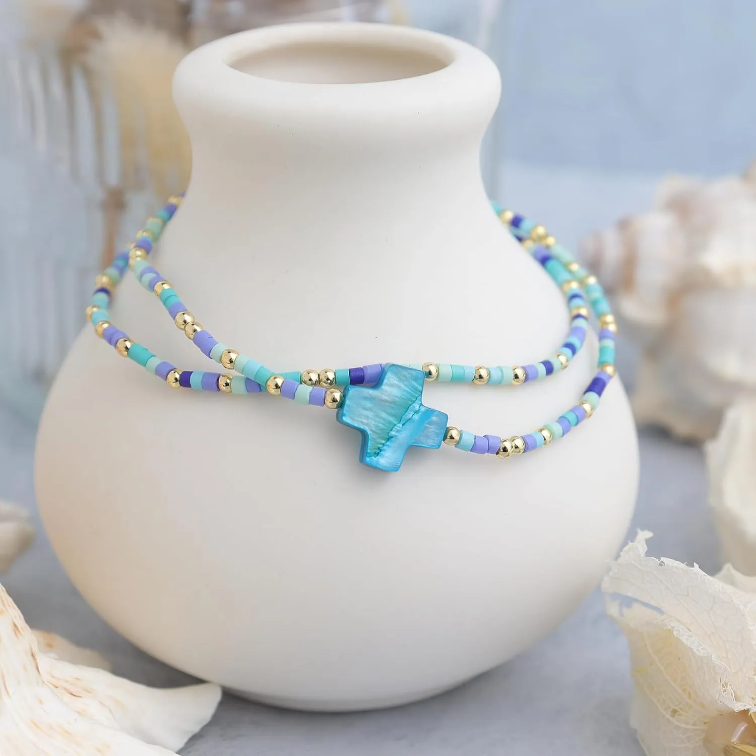 Colorful Cross Beaded Stretch Bracelets Stacks Set for Women, Boho Beach Handmade Stackable Shell Beads Bracelet Summer Jewelry Gift